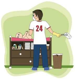 Cartoon of dad changing baby