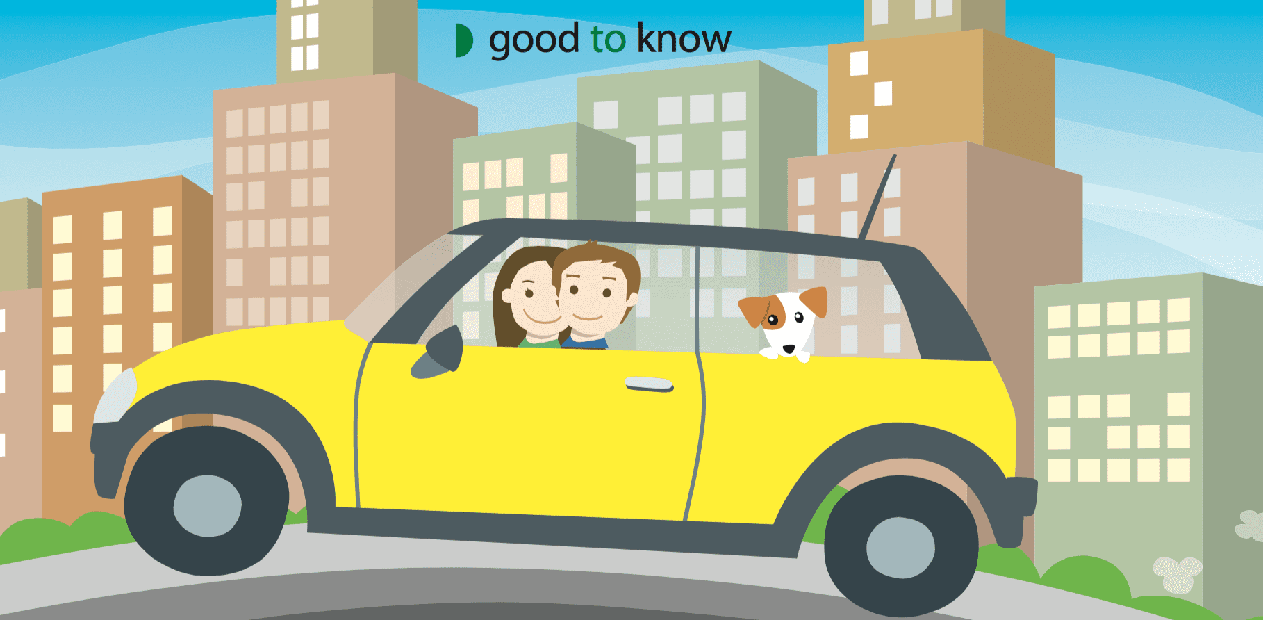 Cartoon couple in car with dog